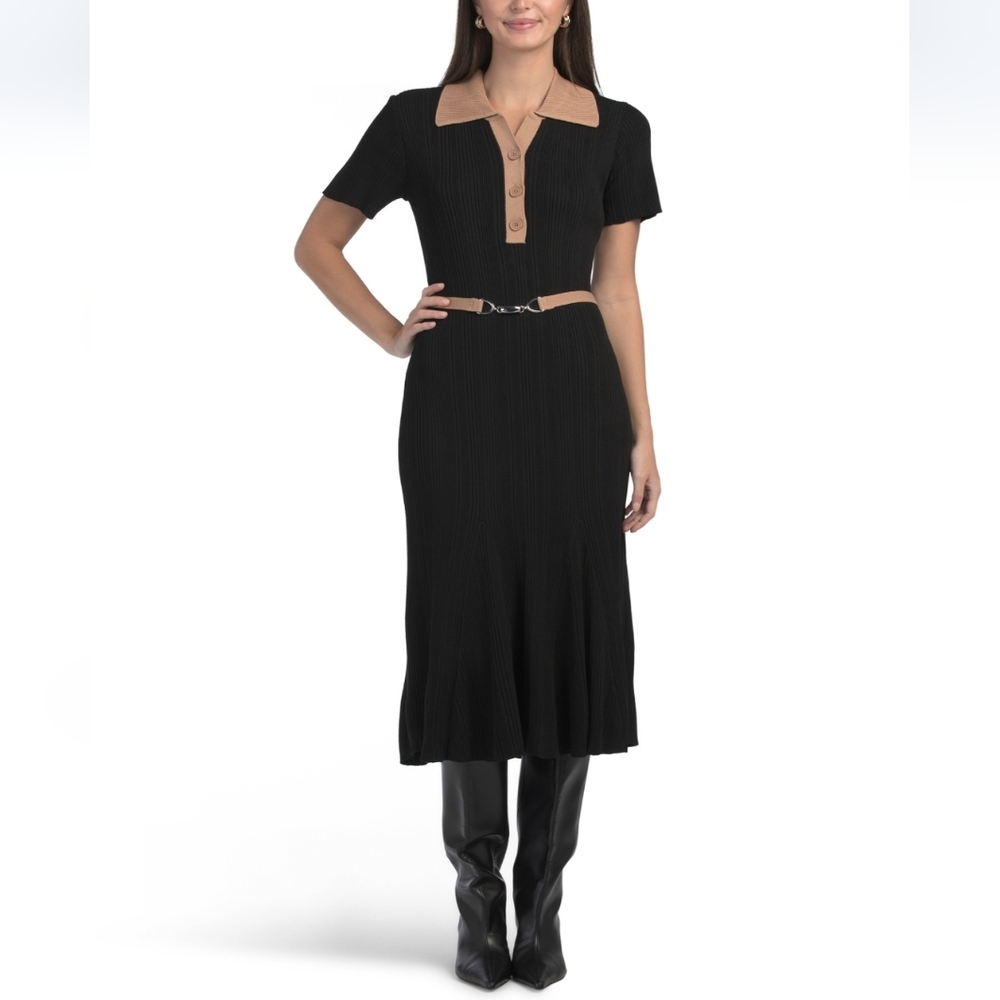 Julia Jordan Women's Short Sleeve Contrast Collar Sweater Midi Dress